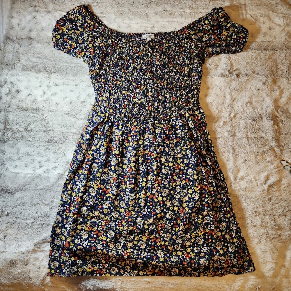 AUW Blue Floral Soft and Flowy Off the Shoulder Summer Mini Dress - Medium